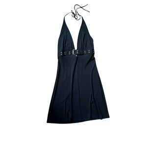 90's VNTG Brioche Black Halter Silver Buckle Dress Size M Made In USA Paper Tag